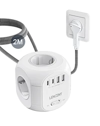 Compact Power Strip with 4 Outlets & USB Ports, Braided Cable, and Switch - EU Plug (Flat plug 2M 2U2C)