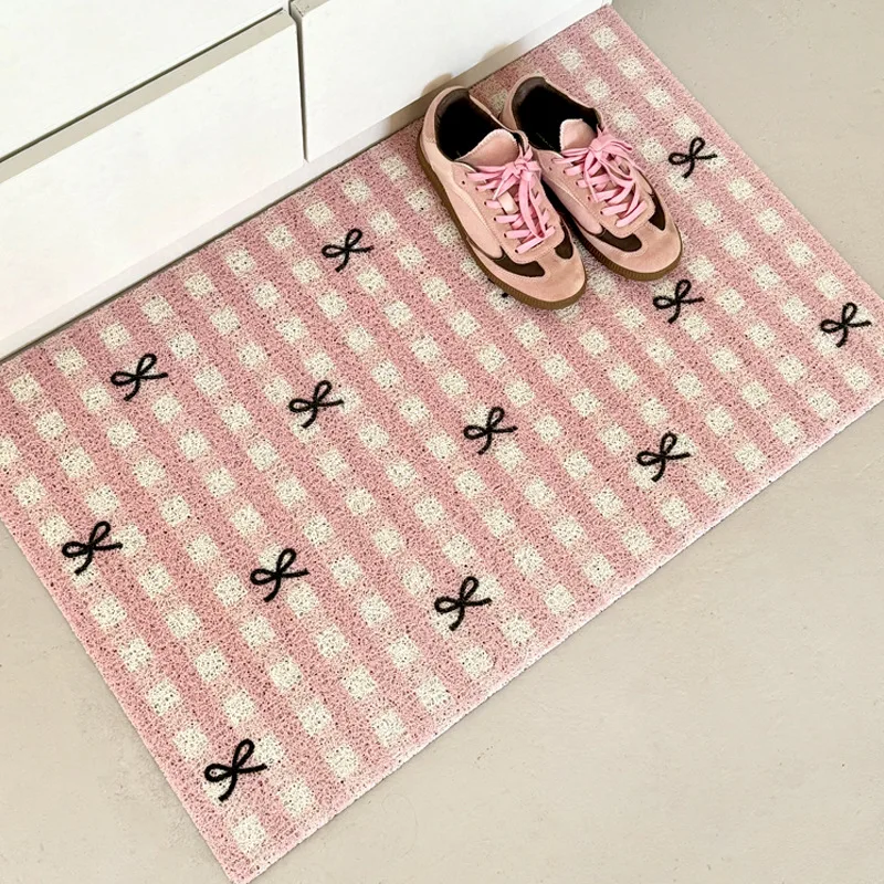 Plaid Bow Knot Door Mat Korean Ins Waterproof Carpet Anti Slip Resistant To Dirt Silk Ring Mat PVC Bathroom Kitchen Carpet