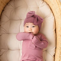 Newborns Hat Scratch Proof Gloves Set Baby Essential Anti Scratches Mittens and Solid Warm Bonnet Bowknot Caps 3