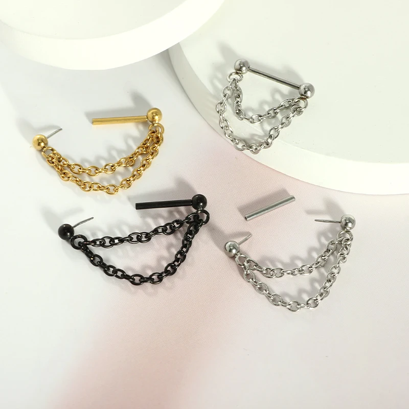 1pcs Black steel chain nose ring with stainless steel puncture 16G European and American punk style fashion jewelry