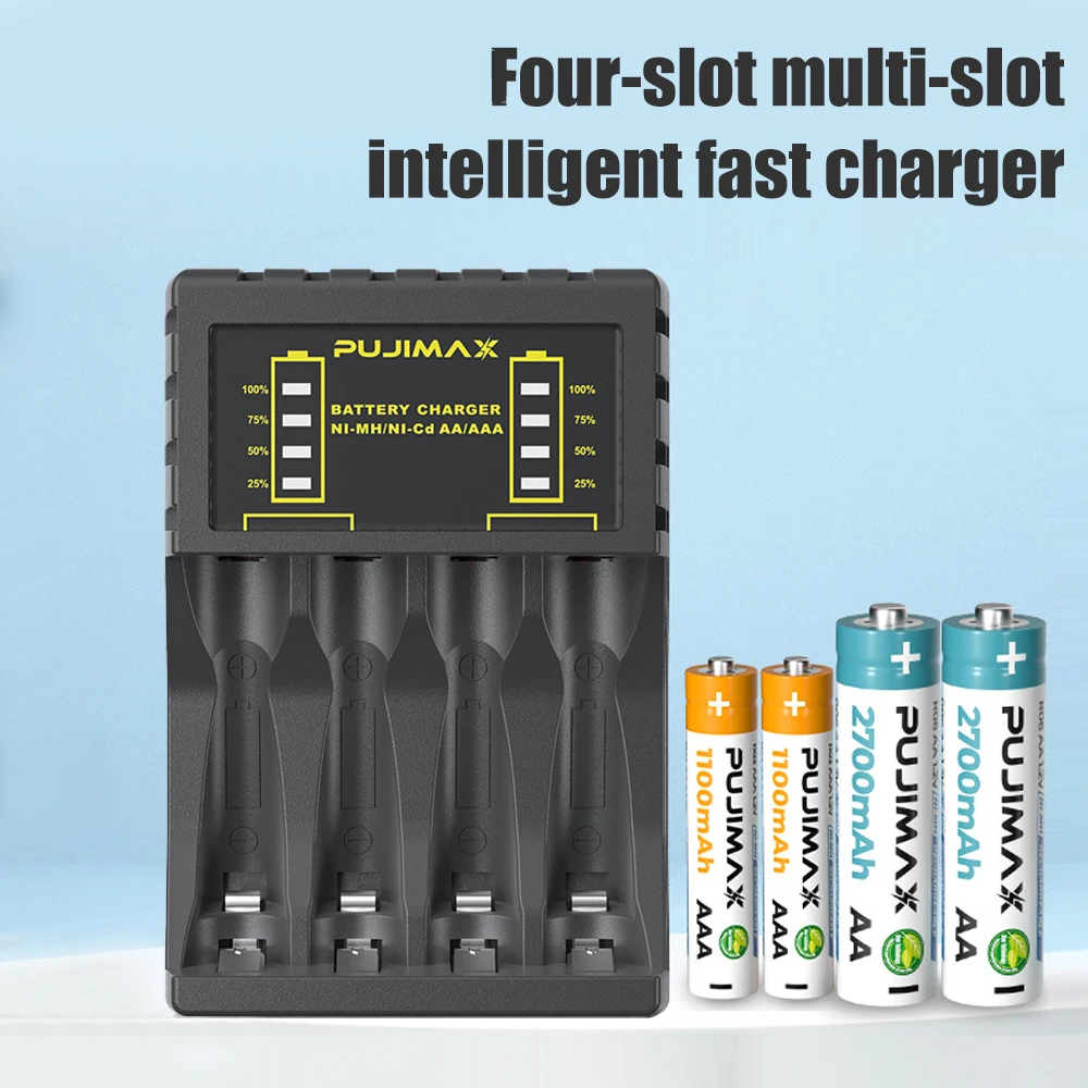 배터리 충전기 4 슬롯 1.2V NiMH NiCd AAA/AA 충전식 배터리 용 표시기가있는 지능형 고속 충전 USB C 마이크로 잭