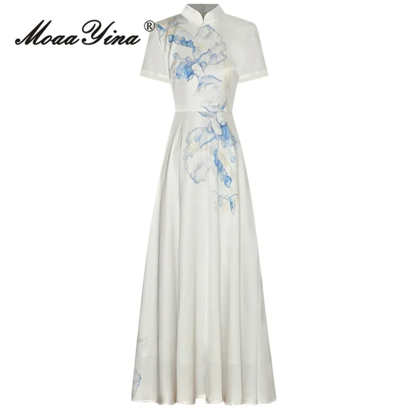 

MoaaYina, летнее модное дизайнерское винтажное платье с принтом, женское длинное платье трапециевидной формы с воротником-стойкой и коротким рукавом на пуговицах с высокой талией