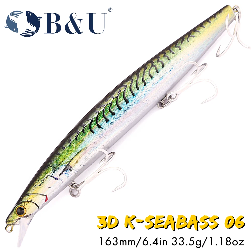 B&U schwimmender Weitwurf-Minnow-Köder zum Meeresangeln, 163 mm/33,5 g harter Köder mit Drillingshaken, Salzwasserköder für Seebarsch