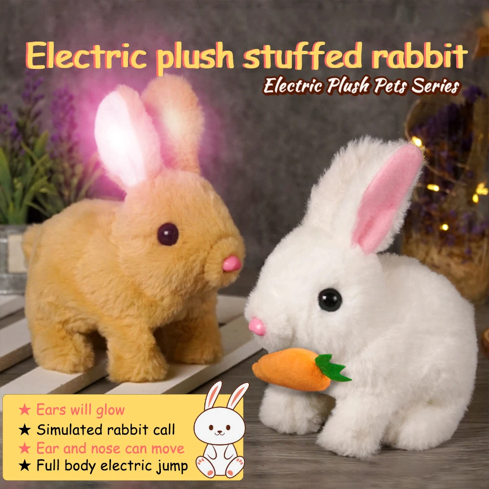 Plush toys electronic pet rabbit toy electric interactive toy electric cute carrot rabbit plush toy simulation white bunny stuffed animal doll ears glow body hopping smart pet rabbit gift