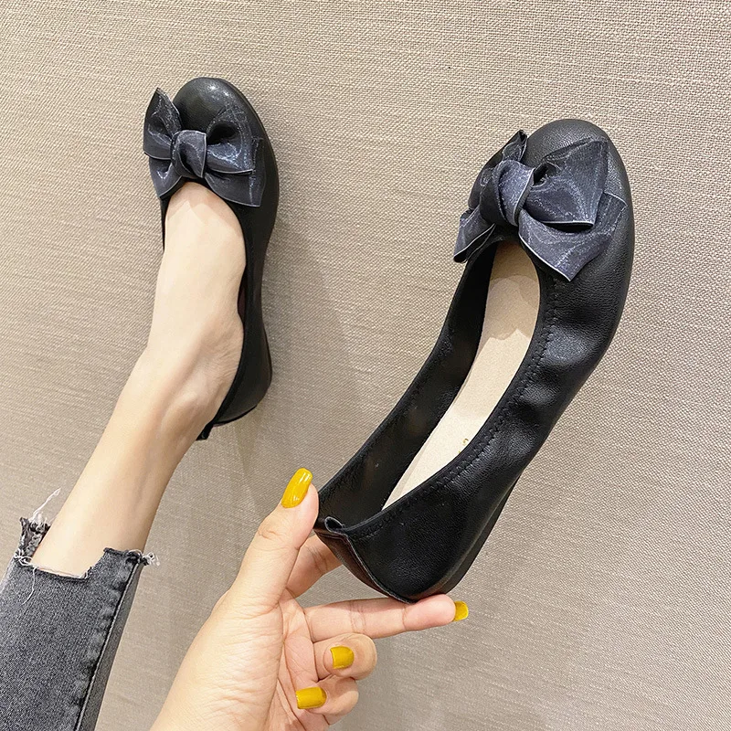 Womens Foldable Soft Round Toe Ballet Flats Butterfly Knot Sweet Comfortable Slip on Flat Ballerinas Shoes Woman PU Leather 3