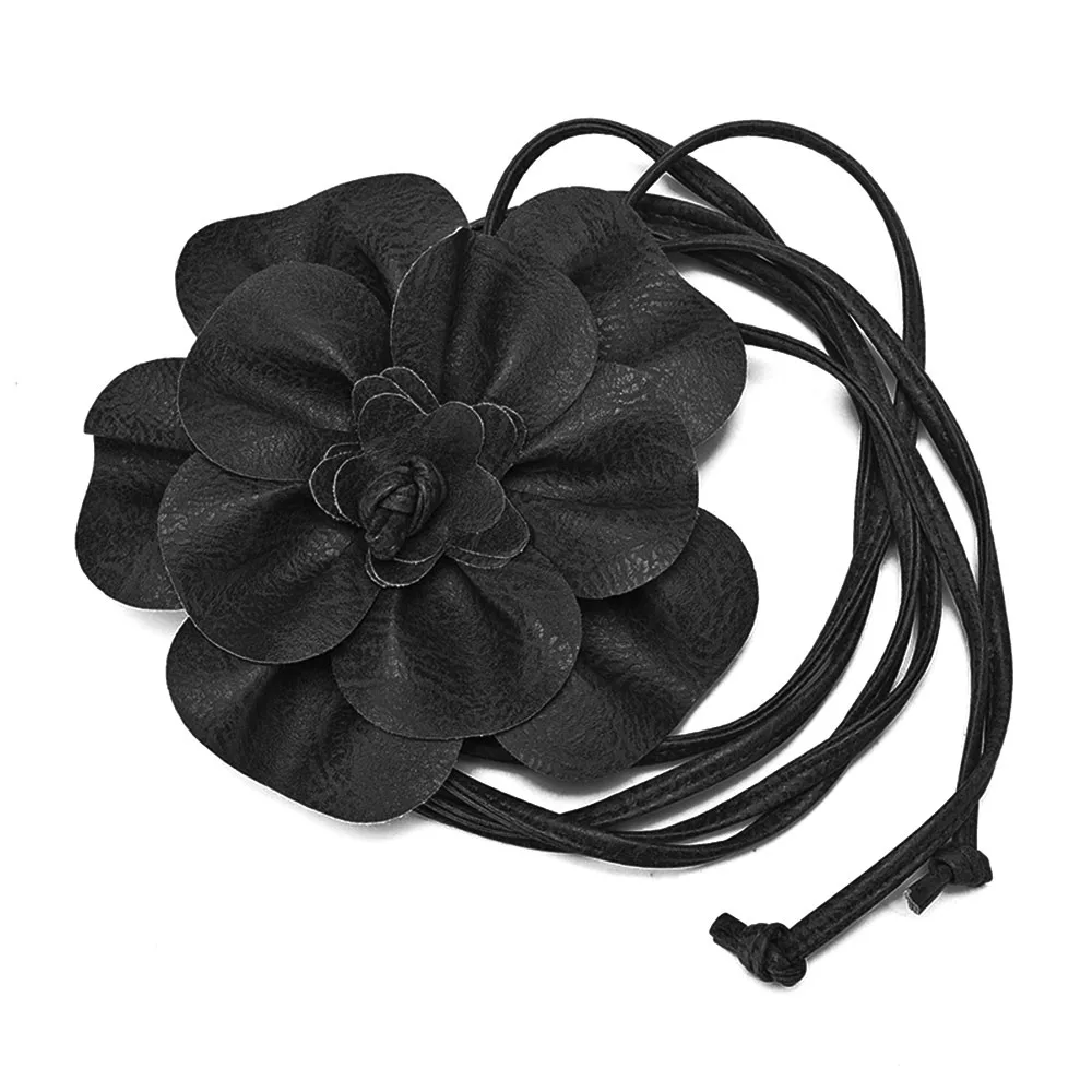 Elegant Floral PU Leather Belt with Decorative Rope Design