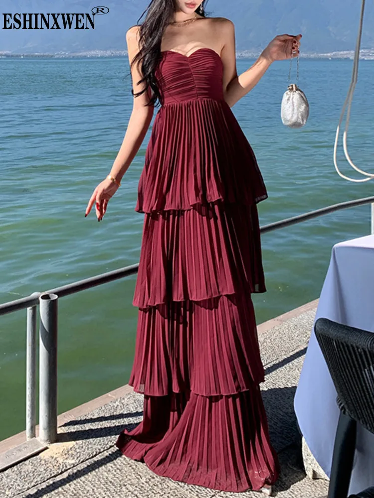 Vestidos largos de chiffon con tirantes finos y escote en corazón Óxido