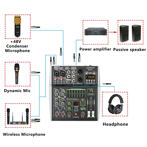 AM-AX4 미니 4 채널 개별 48V 팬텀 파워 모바일 99 DSP 효과, 블루투스 USB 컴퓨터 재생 레코드 팟캐스트 오디오 믹서 6