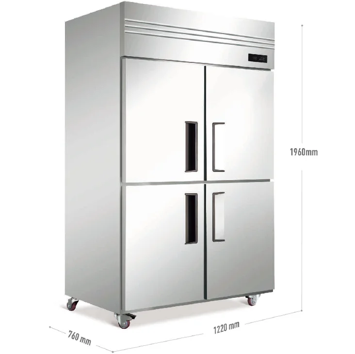 990L Commercial Freezer Stainless Steel Upright Refrigerator Four Sliding Doors Compressor for Outdoor Household Use US Plug