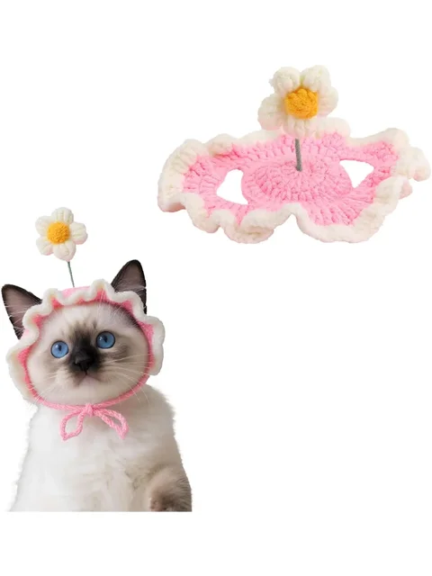 Gorro tejido para gato con diseño de flor: Accesorio Crochet Emoape