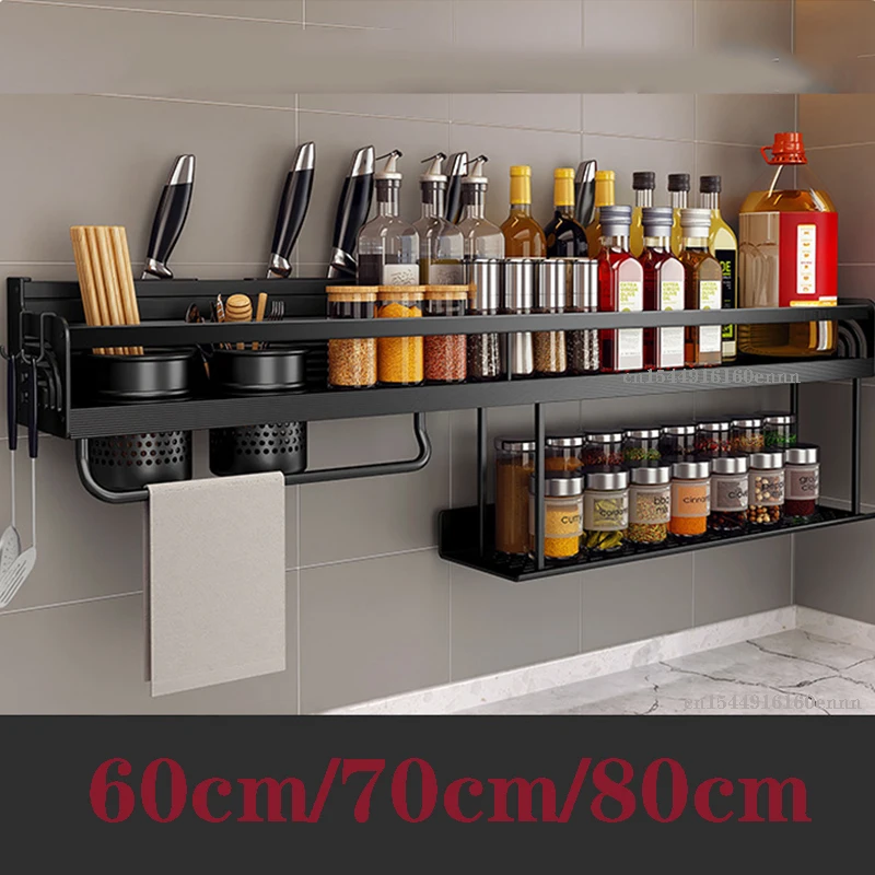 

New 60/70/80CM Double-Layer Kitchen Shelf Wall-mounted Spice Storage Racks Punch-free Kitchen Knife Holder Seasoning Organizer