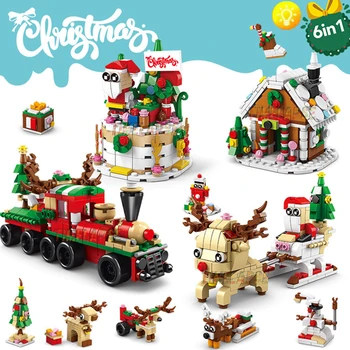 DIY 6in1 Xmas Christmas Lights Elk Deer Santa Claus Train Architecture Store Street View Tree Snow House Building Blocks Kit Toy