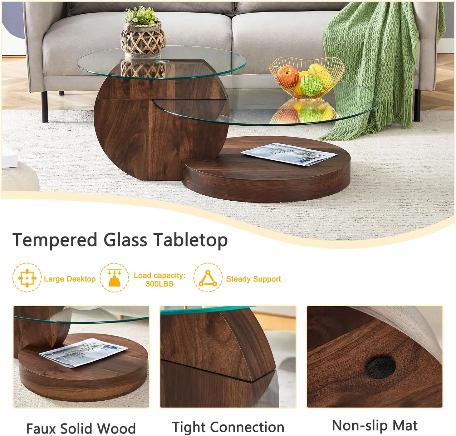 Glass Coffee Table,Modern Round Tempered Glass Coffee Tables for Living Room,Cocktail Table for Small Space Home Office (Walnut) 3