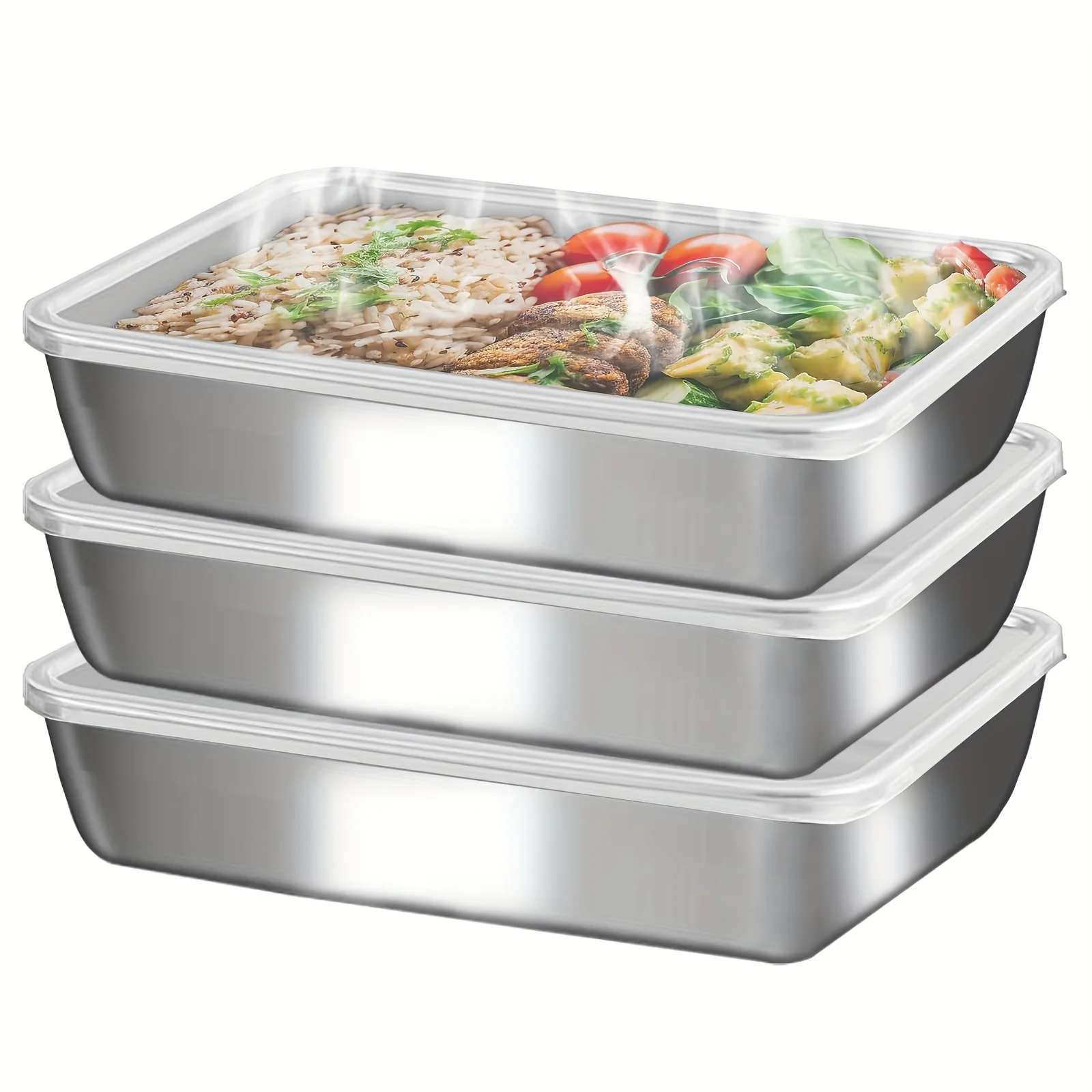 3pcs Stainless Steel Food Containers - Leakproof & Stackable with Clear Lids | For Camping, Home & Meal Prep