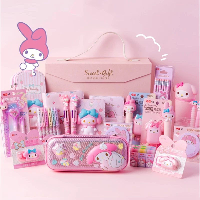 Sanrio Stationery Set Gift Box Cute My Melody Hello Kitty Pencil Case Gel  Pen Memo Pad Eraser Notebook Kids Girl School Supplies