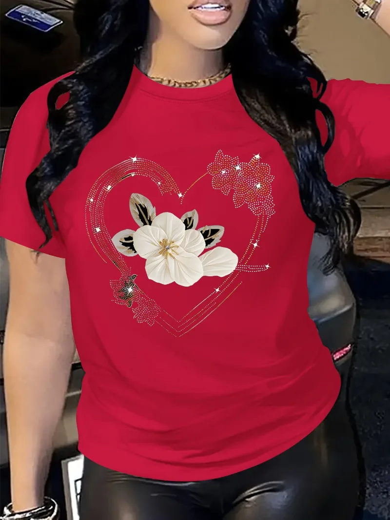 Women's Casual Short Sleeve T-Shirt Comfort Fit with Heart Floral Print Simple Design Showing Natural And Elegant Style S9420d52c0f9a44fb95cd0527c47cb214x