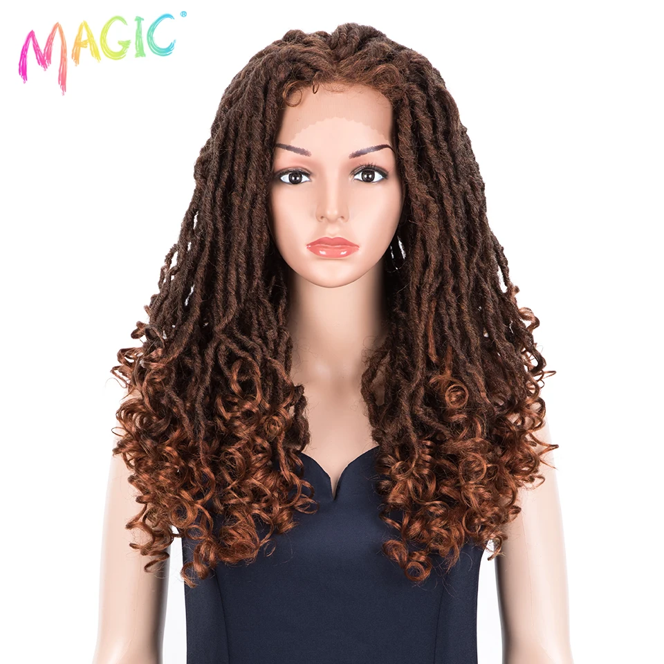 Magic 60CM Faux Locs Curly Crochet Hair Large Area Synthetic Lace Front Wig For Black Women Ombre Crochet Braids goddess Hair