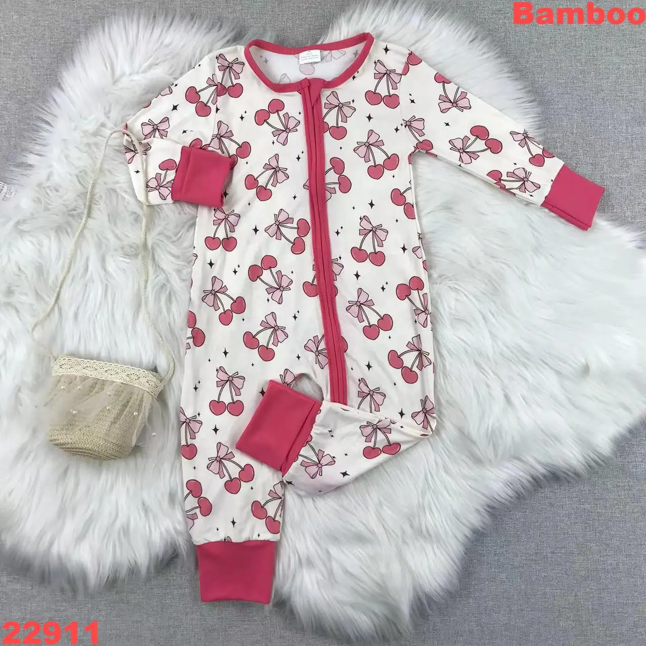 Popular Baby Romper Baby Climbing Girls Cherry Print Hot Sale Soft Bamboo Sleepers Zipper Pajamas Cover Hands and Feet