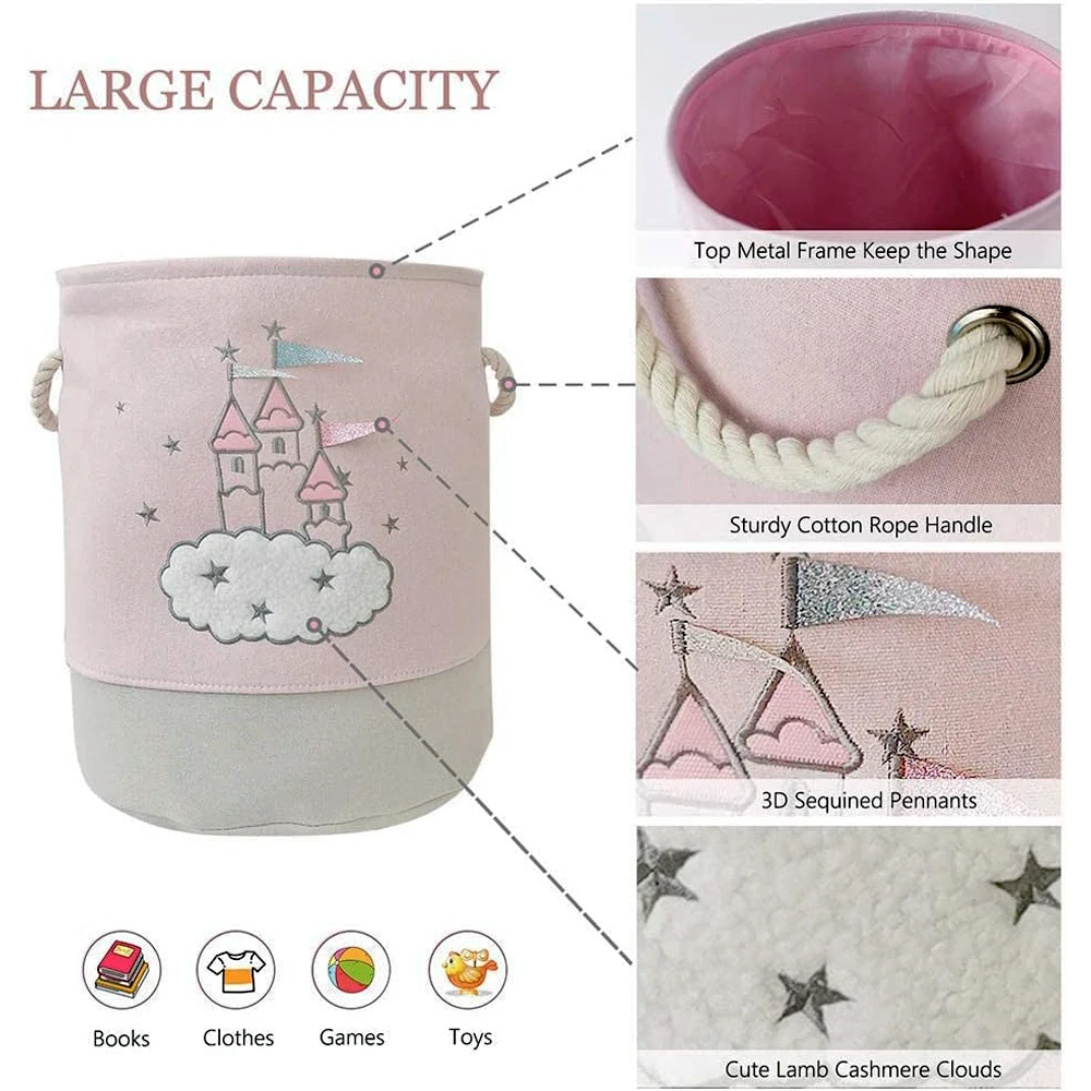 Large Pink Laundry Basket Kids Toys Storage Basket with Handles Fabric Foldable Cute Cartoon Castle Nursery Hamper Gift Basket 5
