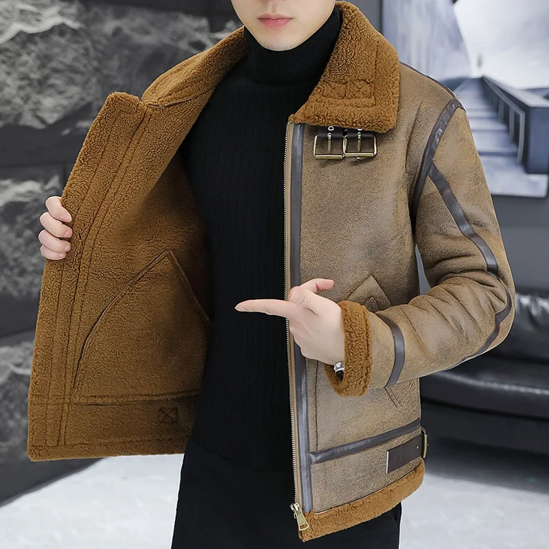 2025 New wish brown flower hair big fur collar plush thickened men's leather jacket 6560