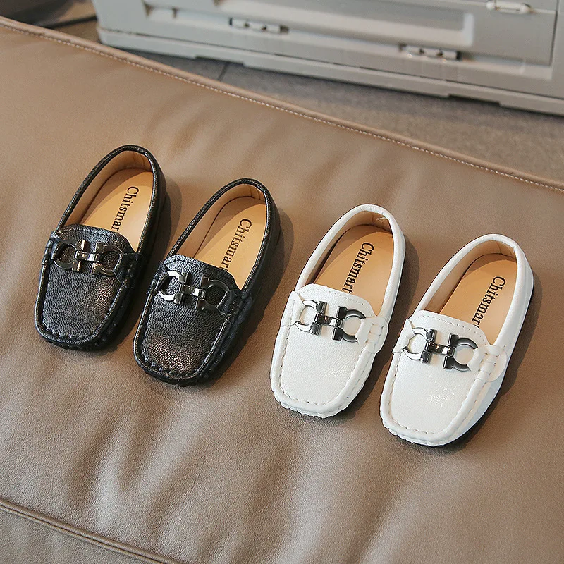 Boys Casual Flats Kids Leather Shoes Slip-on Loafers Moccasins Square Toes with Metal Buckle Fashion Classic Soft Party Shoes 3
