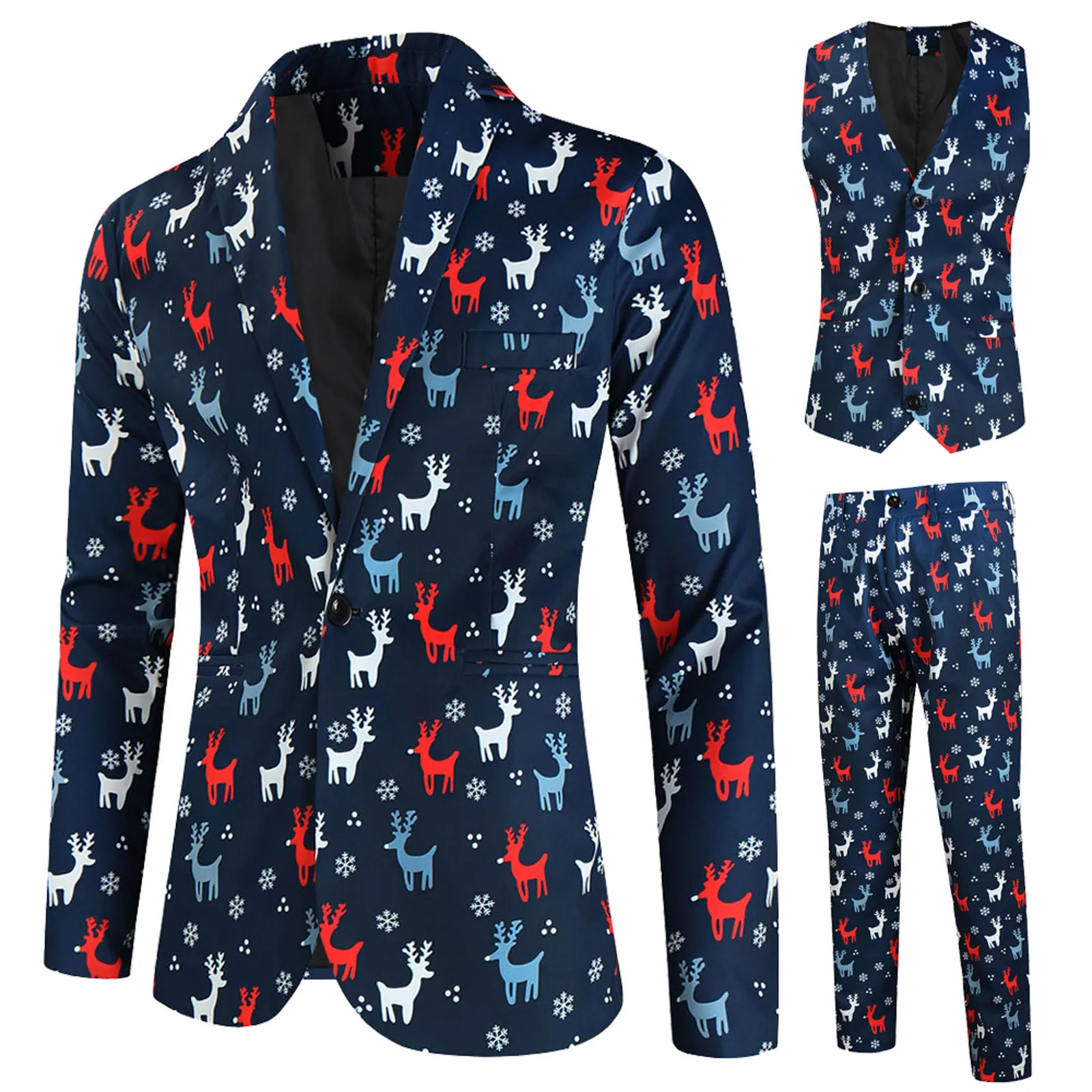 2023 Autumn Winter Mens Blazer Coat Christmas Day Four Seasons Digital Printing Suit Vest Trousers Suit Christmas 3 Piece Suit