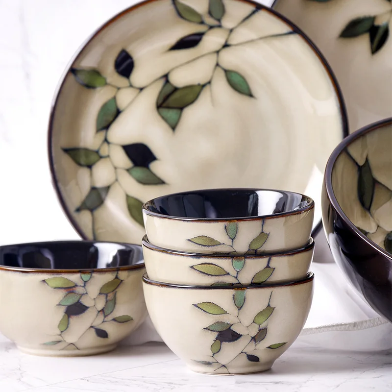 Vintage Japanese Ceramic Bowl Creative Hand-painted Rice Plate Bamboo Leaf Soup Bowl Salad Underglaze Colored Small