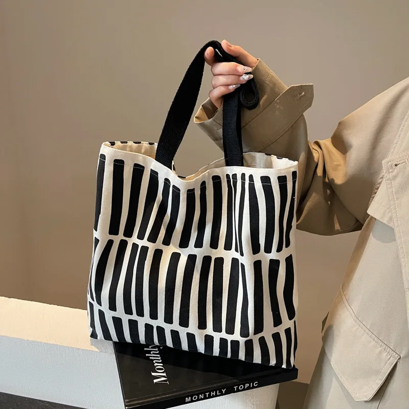 Fashion Printed Striped Canvas Bag, Large Capacity Lining Handbag, Campus Student Backpack, Youth Daily Shopping Literary Use