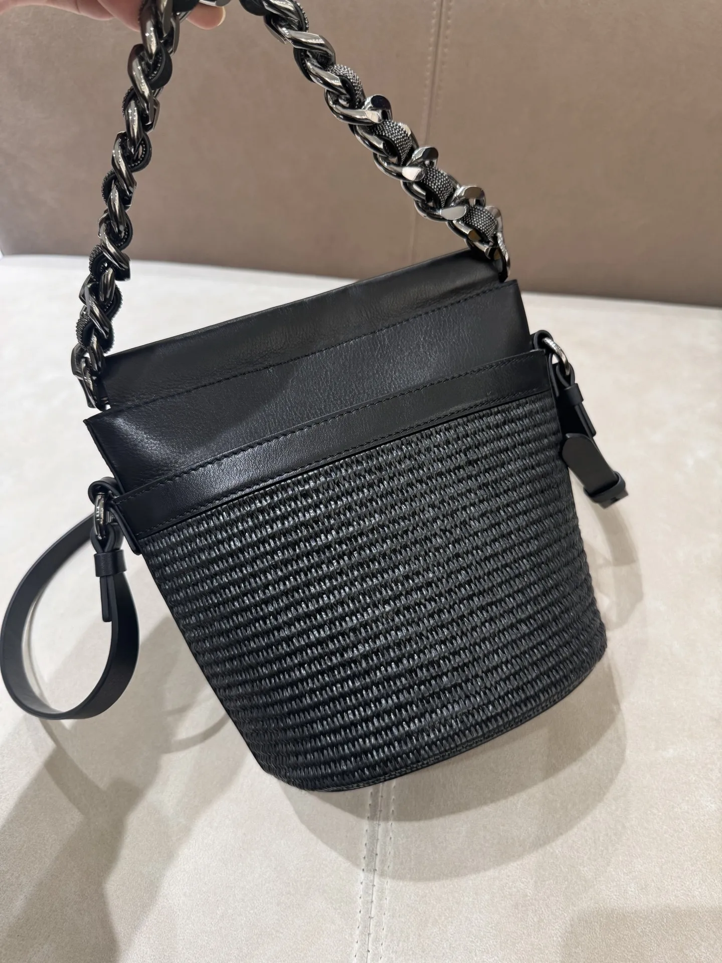 Women's Crossbody Bags Handbags Bucket Shape Leather Straw Stitching