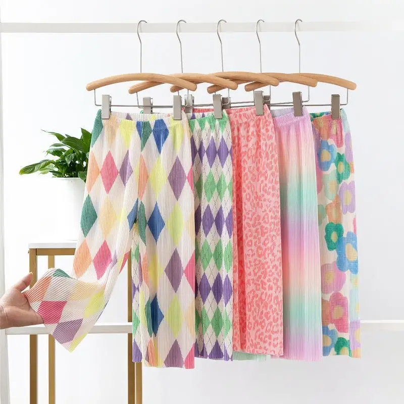 2024New Girls' Pants Summer Thin Floral Plaid Pleated Rainbow Anti Mosquito Pants Children Wide-Leg Casual Pants-WSNY