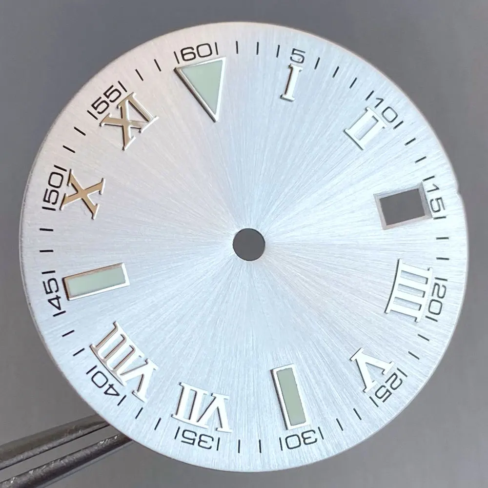 Grey Silver Sunburst 29mm Watch Dial with Roman Numerals and Multi-Colored Hand Set