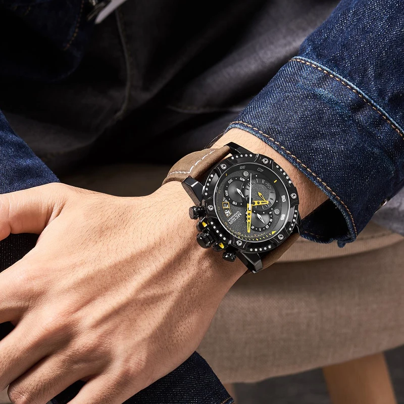 MEGIR Man Sports Chronograph Quartz Watch Fashion Mens Watches Top Brand Luxury Leather Waterproof Wristwatch Relogio Masculino