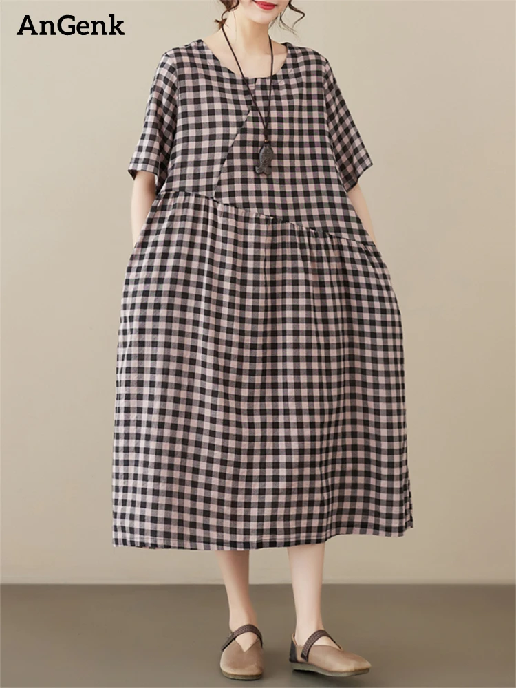 

Cotton Plaid Vintage Long Dresses For Women 2023 Summer Casual Loose Office Lady Work Dress Femme Robe Vestidos Elegant Clothing