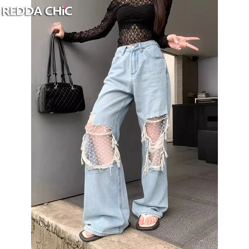 

ReddaChic Vintage Patchwork Ripped Baggy Jeans Women Light Wash Lace Raw Hem Casual High Rise Wide Leg Pants Korean Streetwear