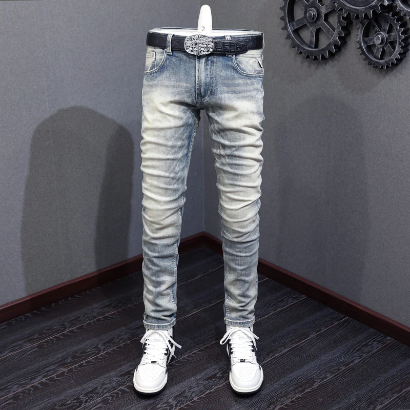 Italian Fashion Men Jeans Light Gray Blue Slim Fit Retro Ripped Jeans Men Vintage Trousers Casual Designer Denim Pants Hombre