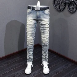 Italian Fashion Men Jeans Light Gray Blue Slim Fit Retro Ripped Jeans Men Vintage Trousers Casual Designer Denim Pants Hombre