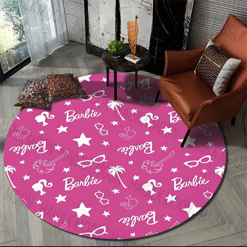 Barbie Cartoon HD Printed Round Carpet for Living Room Circle Pink Rugs Camping Picnic Mats Flannel Anti-Slip Rug Yoga Mat Gifts