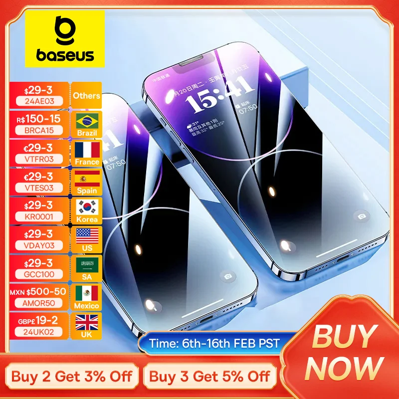Baseus 2 Pezzi Di Vetro Temperato Per Iphone 15 14 13 Pro Max Protector Per Iphone 15 Pro Plus Pellicola Anti Blue Peeping Screen Protector