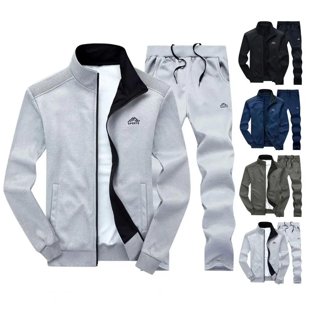 

Men Jacket Pants Set Men's Autumn Winter Sport Outfit Set with Stand Collar Jacket Straight Leg Pants Zipper Placket Elastic