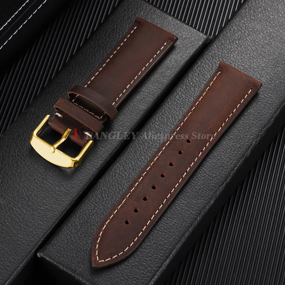 Vintage Dark Brown Cowhide Leather Watch Strap with Pins and Buckle - 20mm/22mm