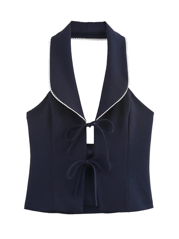 TFMLN Women's Bow Lace Up Tops 2025 Summer Street Style Backless Sexy Tank Navy Blue Sleeveless Fashion Vests Top
