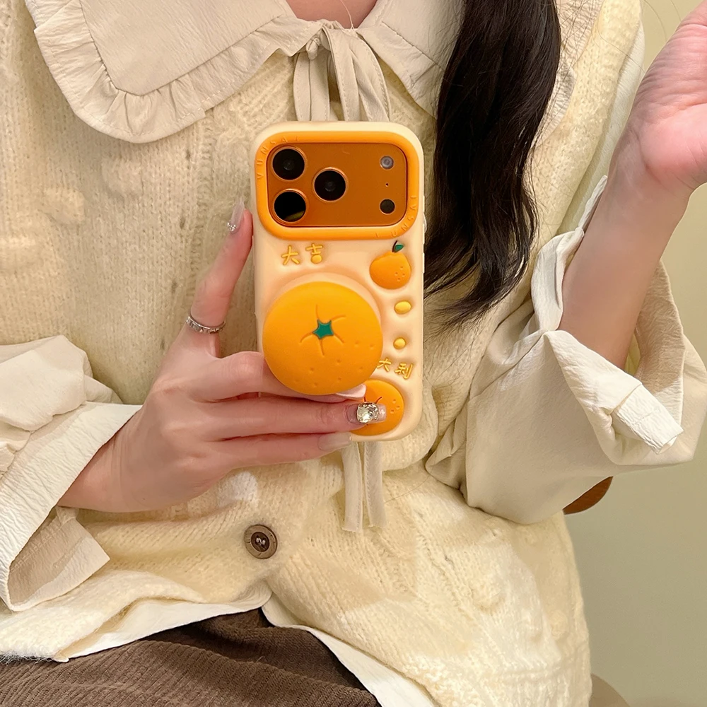 Funny 3D Orange Fruit Soft Silicone Telescopic Stand Case Cover