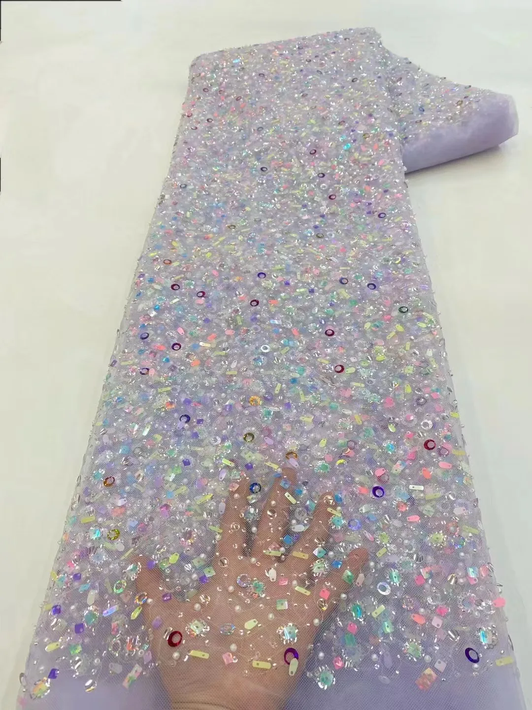 

2023 High Quality African Lace Fabric Sequins Mesh Lace France Luxury Beads 3D Embroidered Tulle Lace Fabric For Sewing QF0918