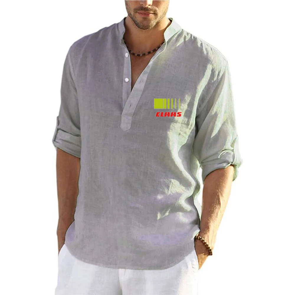 Claas 2023 Men Cotton Linen Shirt Casual comfort Loose Blouse Long Sleeve Solid Color Stand Collar Beach Style fashion Tops