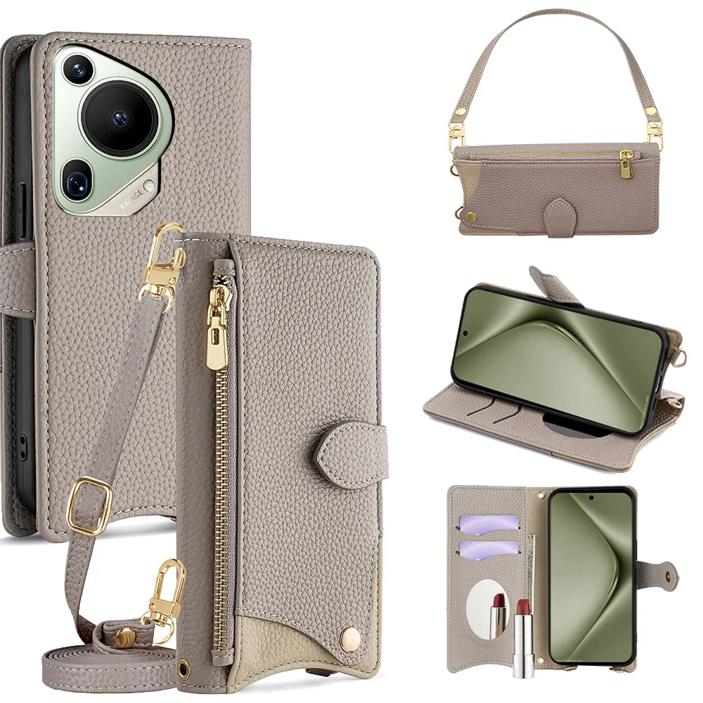 Zipper Mirror Wallet Case with Leather Wrist Strap and Multi-Card Holder
