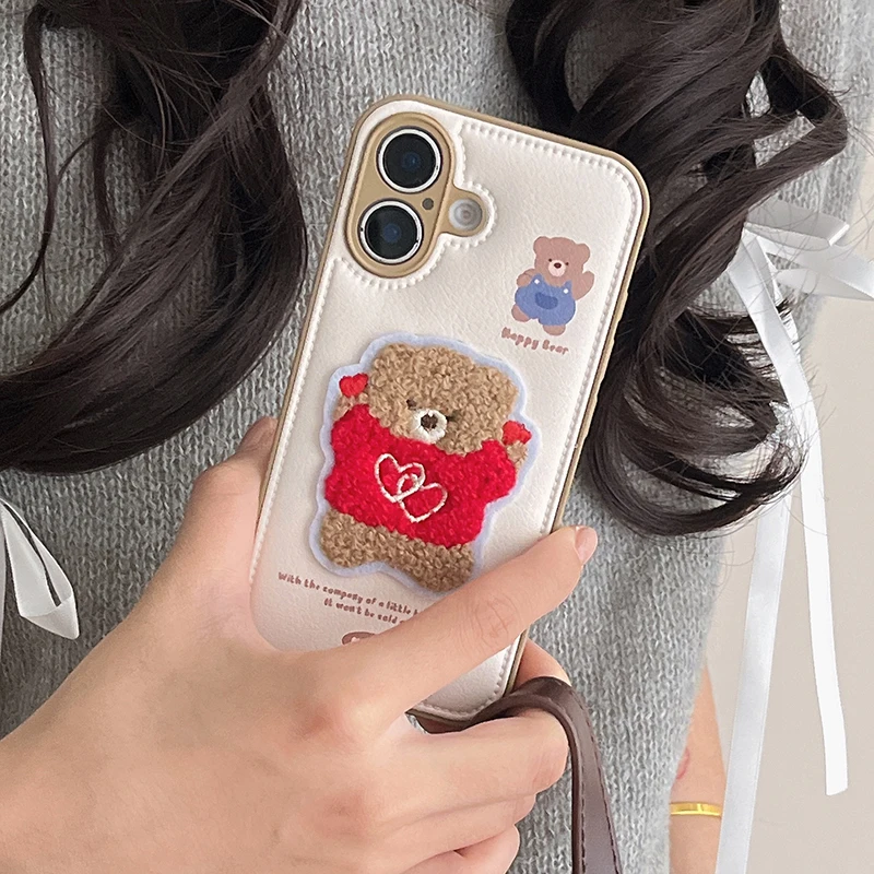 Embroidered Love Heart Bear Leather Drum Bag Case For iPhone 16 Pro Max 15 13 14 Soft Phone Back Cover