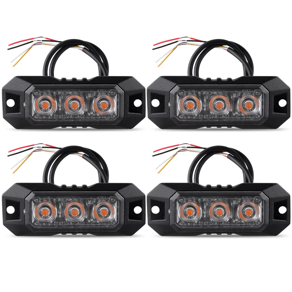 4PCS 3-LED Strobe Warning Light Mini Grille Flashing Lightbar For Car Vehicle Amber Flashing Light Emergency Hazard Beacon Lamp