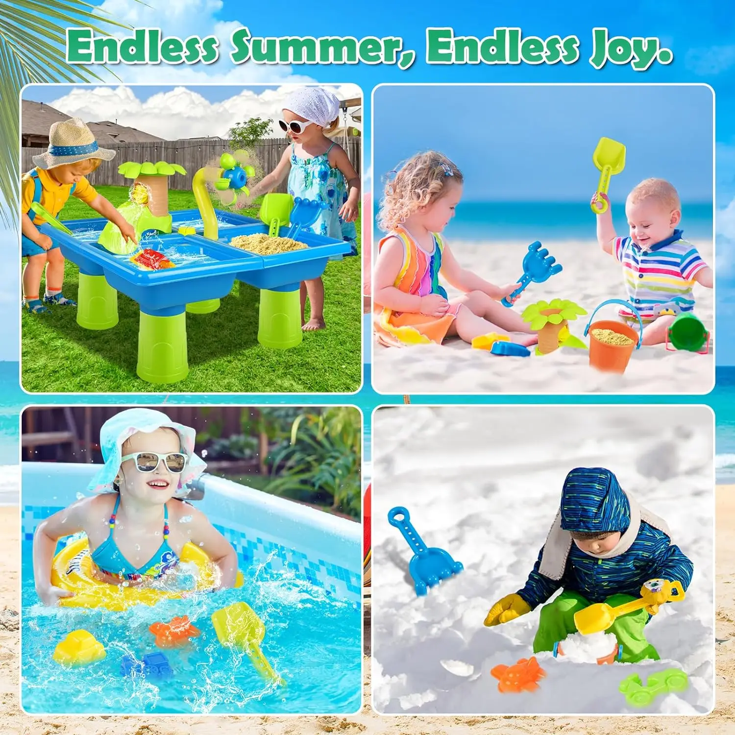 Summer Beach Water Table for Toddlers 4-in-1 Outdoor Play Table Rain Showers Splash Pond Toys 24 PCS Sensory Activity Sand Table 3