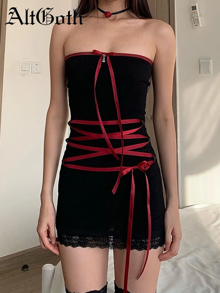 

AltGoth Y2k Gothic Sexy Dress Women Streetwear Aesthteic Elegant Strapless Lace Patchwork High Waist Bandage Bodycon Dress Femme