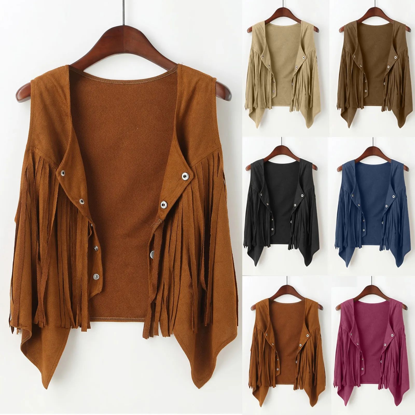 Fall Jackets For Women Cotton Fringe Vest Women Faux Suede Open-Front Vintage Vest Sleeveless 70s Hippie Waist Scarfs Women 자켓